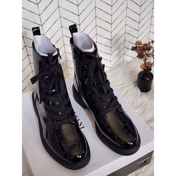 Alfani Terissa Women’s Lace-Up Combat Boots – Glossy Ankle Booties - Black - Picture 8 of 10